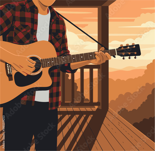 A musician plays acoustic guitar on a wooden porch during the golden hour. Warm, inviting scene with a relaxed vibe. Perfect for lifestyle and music themes.