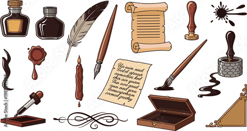 Vintage Writing Tools Vector Set with Ink Bottles, Quills, Scrolls, Seals, and Calligraphy Pens