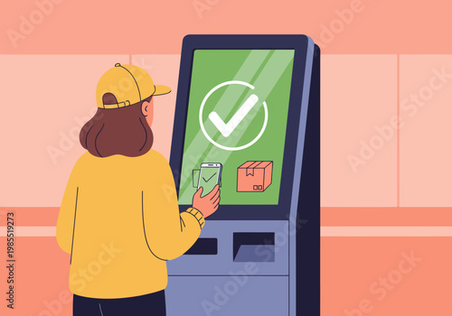 A person uses a kiosk to drop off a return package. Modern, clean design with a bright screen and a delivery worker. Simple, clear visual.