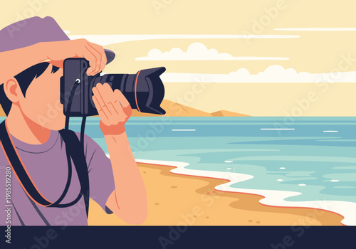 A photographer captures a stunning sunset beach scene with his camera. Vibrant colors and a clear composition create a captivating image for commercial use.