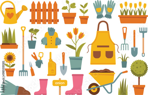 Gardening tools and plants collection with watering can, pots and flowers, outdoor garden equipment vector set