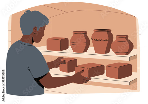A potter carefully monitors pottery in a kiln shelf, showcasing handcrafted ceramics. Warm tones and a focused craftsman create a compelling visual.