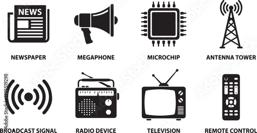 Media icons, communication symbols, broadcasting vector graphics, technology illustrations