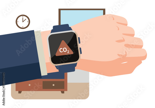 A professional man wears a smartwatch displaying a CO2 alert. Modern design, clear visual, suitable for business and technology concepts.