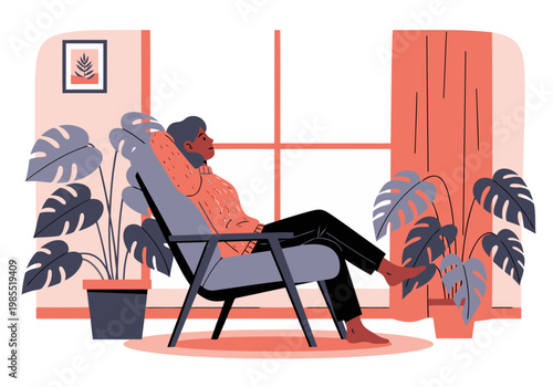 A relaxed woman enjoys a comfortable lounge chair by a window, surrounded by lush plants.  A peaceful, inviting scene promoting rest and wellbeing.