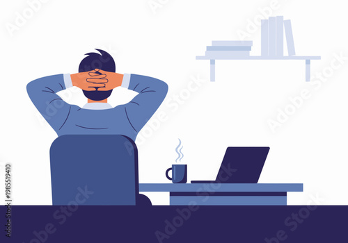 A relaxed professional takes a mindful break at his desk, enjoying a cup of coffee and a moment of peace. Modern office setting.