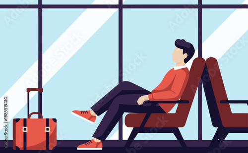 A relaxed traveler lounges in an airport lounge, enjoying a moment of peace with a suitcase nearby. Modern, stylish, and inviting.