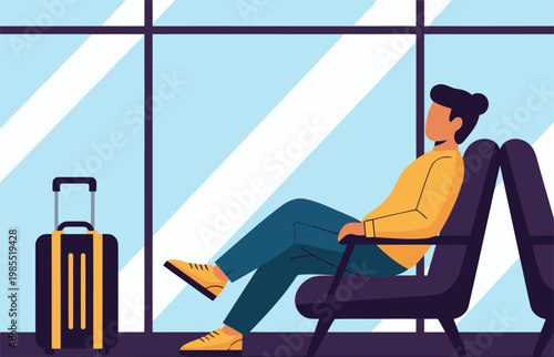 A relaxed traveler lounges in an airport lounge, enjoying a moment of peace with a suitcase. Modern, stylish, and inviting.