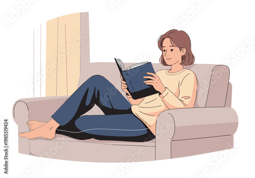 A young woman relaxes on a sofa, engrossed in a book. A cozy, comfortable scene of home reading and relaxation. Soft colors and a peaceful atmosphere.