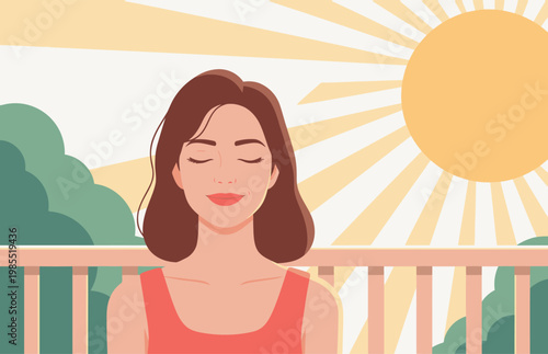 A woman relaxes peacefully in the sunlight, closing her eyes and enjoying a moment of calm.  A serene and uplifting image for wellness and relaxation themes.