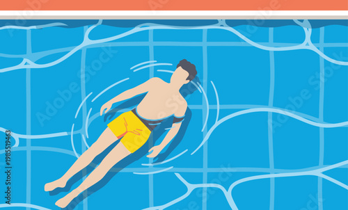 Relaxing man floats in a swimming pool, enjoying a peaceful moment. Vibrant blue water and sunny backdrop create a refreshing, inviting scene. Perfect for summer and wellness visuals.