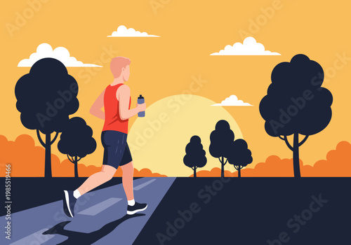 A runner completes a sunset run, symbolizing success and achievement. A vibrant, motivational scene with a clear finish line.