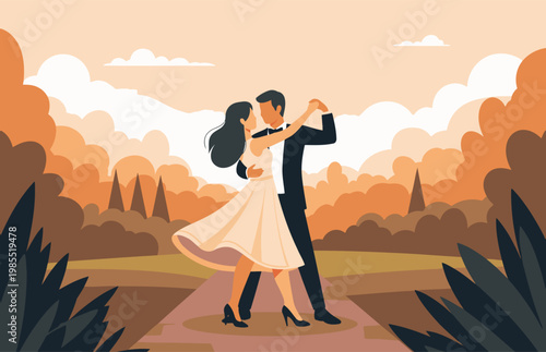 A romantic couple dances gracefully at sunset. Elegant attire, warm colors, and a serene outdoor setting create a beautiful, timeless image.