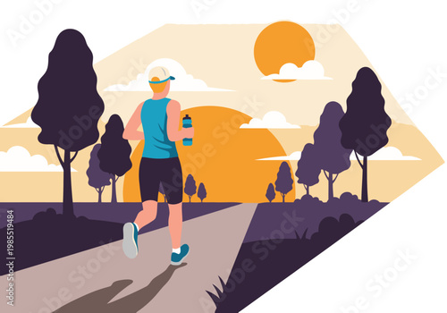 A runner reaches the finish line at sunset. Dynamic composition, vibrant colors, and a sense of accomplishment. Ideal for fitness and motivation visuals.