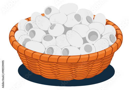 A rustic basket overflows with raw silk cocoon shells. A detailed illustration showcases texture and form. Ideal for design, crafts, and natural product themes.
