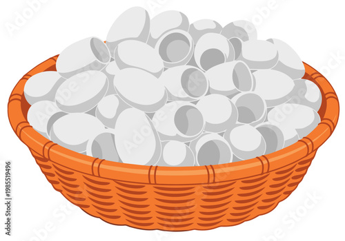 A rustic wicker basket overflows with raw silk cocoon shells. A vibrant, detailed illustration perfect for product displays or natural beauty concepts.