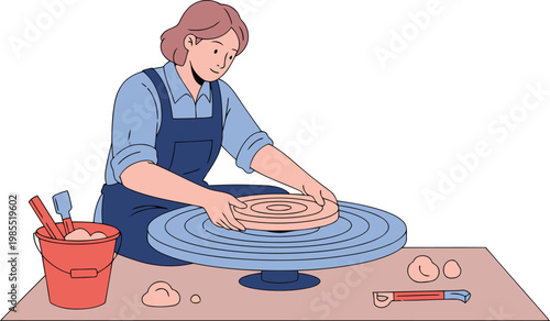 A woman skillfully centers a clay pot on a pottery wheel, preparing for glazing. A focused, creative moment in a studio setting.