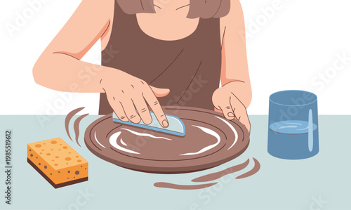 A woman skillfully smooths a clay plate rim on a pottery wheel. Focused hands and a wet sponge create a polished finish.  Detailed illustration.