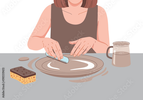 A woman skillfully smooths a clay plate rim on a pottery wheel. Focused hands demonstrate a craft skill. Clean, bright studio setting.