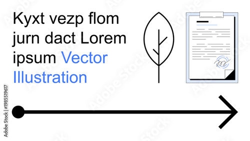 Business direction, information flow, environmental concepts, documentation, vector design, navigation. Features a line with an arrow, a minimalist leaf symbol and a document graphic. Business