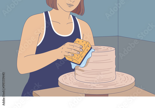 A young woman skillfully uses a sponge to smooth clay on a pottery wheel. Focused and engaged, she demonstrates a traditional craft. Clean studio setting.