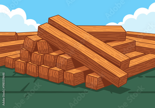 A stack of coconut coir fiber mulch sits outdoors against a blue sky. The wood mulch is a warm, earthy tone, creating a natural and appealing visual.