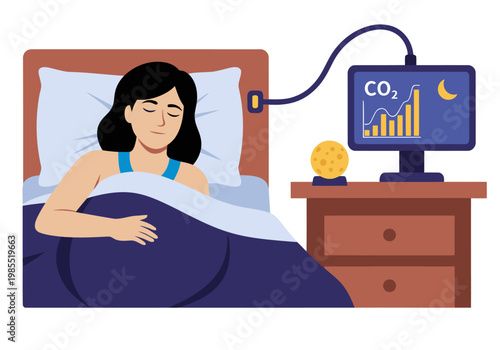 A woman sleeps peacefully with a CO2 monitor displaying sleep data on her nightstand. Illustrative, modern design. Focus on wellness and sleep technology.