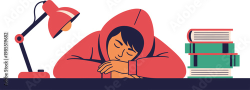 A student sleeps peacefully at a desk, surrounded by books and a lamp. Illustrative style, calm and focused. Perfect for education and wellness themes.
