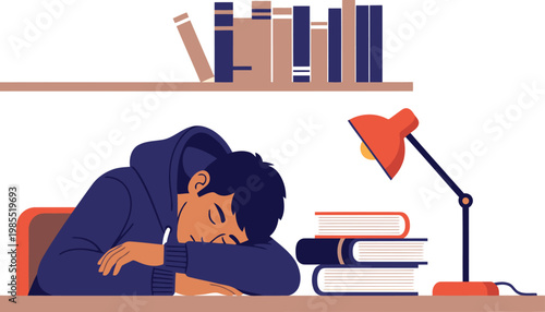 A student slumps asleep at a desk in a library, surrounded by books and a lamp. Illustrative style, peaceful scene.