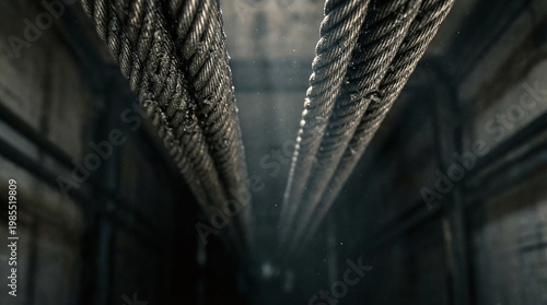 Heavy duty steel elevator cables stretching through a dark concrete shaft with dust particles floating in the light