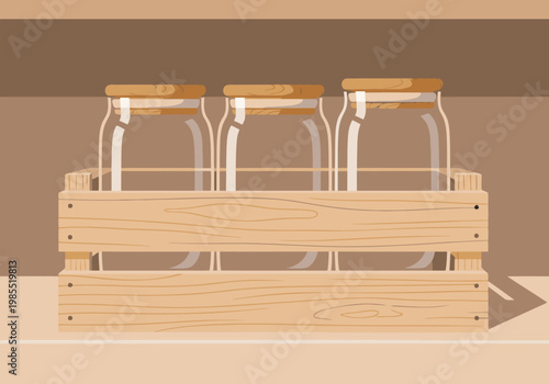 Three reusable glass jars with wooden lids rest in a rustic wooden crate. A clean, modern aesthetic for food storage or product display. Perfect for lifestyle and product photography.