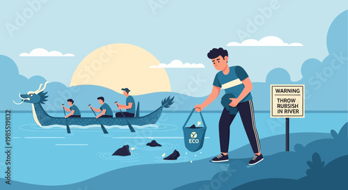 Man picking up plastic ocean pollution.