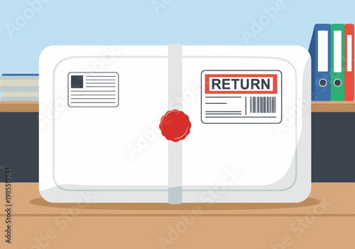 A white return envelope sits on a desk with office supplies. Clear, professional, and ready for shipping. Modern illustration style.