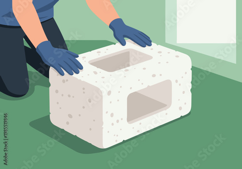 A worker installs a mycelium brick, showcasing eco-friendly bio-packaging. Clean, modern illustration highlights sustainable building materials.