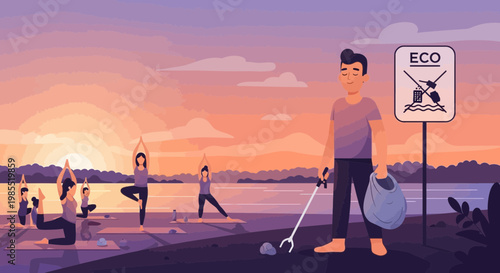 Man picking up plastic trash bag.