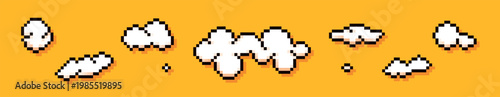 Set of pixel game art white clouds on yellow background.