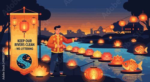 Man releasing lanterns on water.