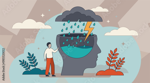 Person coping with stress, rain, and lightning in a head, mental health concept