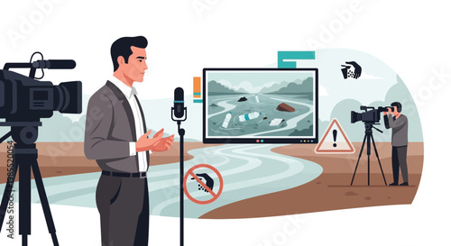 Man speaking into a microphone beside camera.