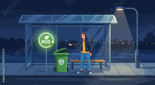 Man standing at bus stop at night.