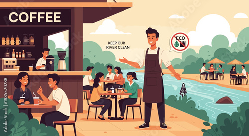 Man wearing black apron serving coffee.