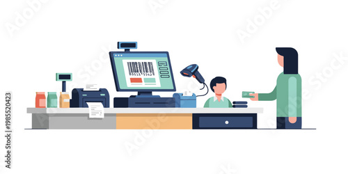 cashier works counting purchases