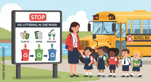 School children with teacher outdoors.