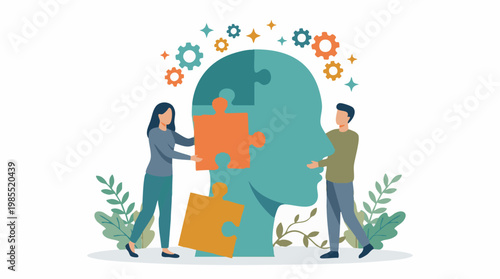People assembling a puzzle head, symbolizing mental health and development