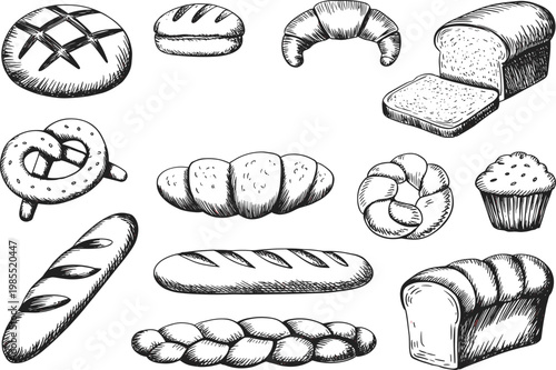 Hand drawn bakery bread set collection sketch style vintage engraved illustration