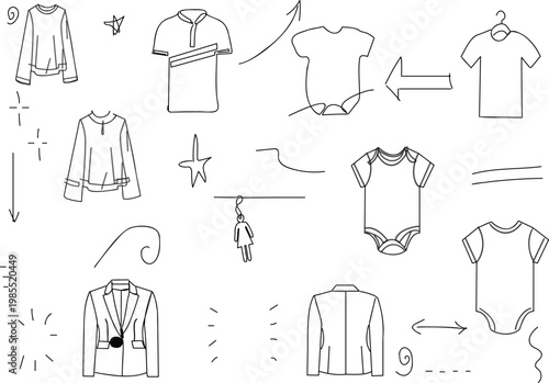 collection of hand-drawn clothing icons, including shirts, baby onesies, and blazers. 