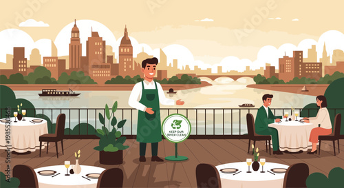 Waiter standing by restaurant table setting.