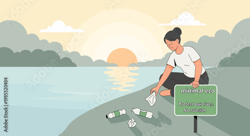 Woman collecting plastic waste on beach.