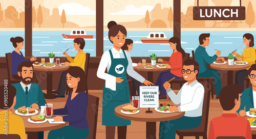 Waitress serving food to customers.