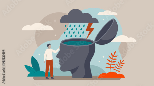 Mental health struggle, man with storm and rain inside his head